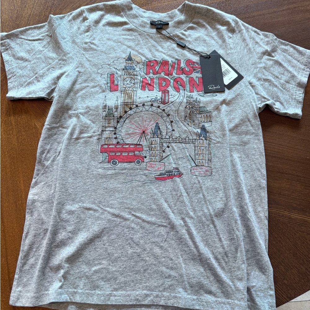 NWT, Size S, Rails London Themed Gray Short Sleeve Tee with Graphic Design